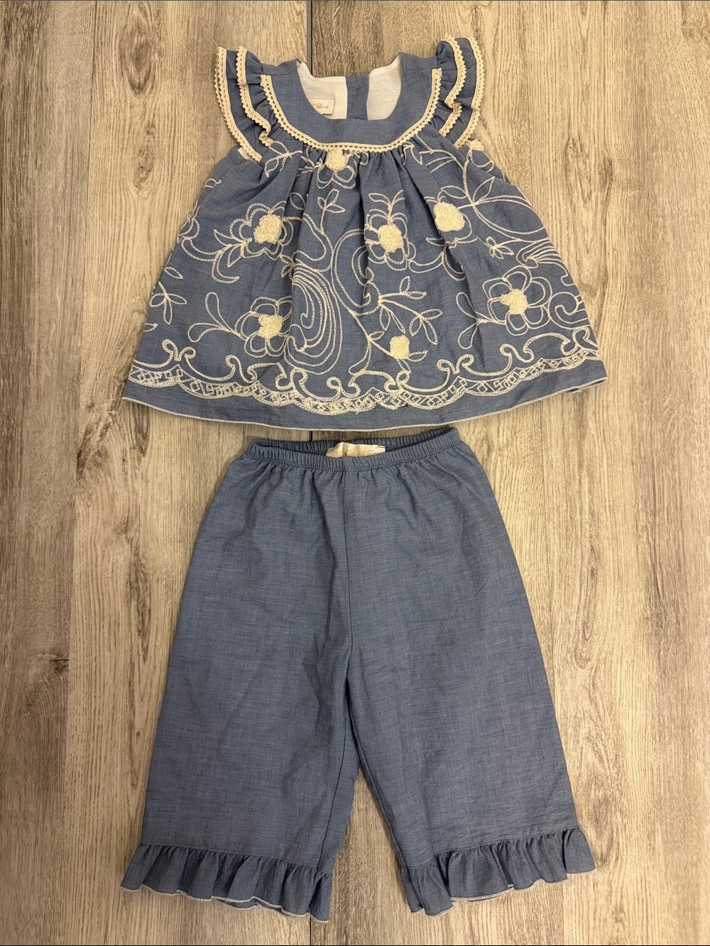 Isobella & Chloe Light Blue Embroidered Two-Piece Set with Cream Accents